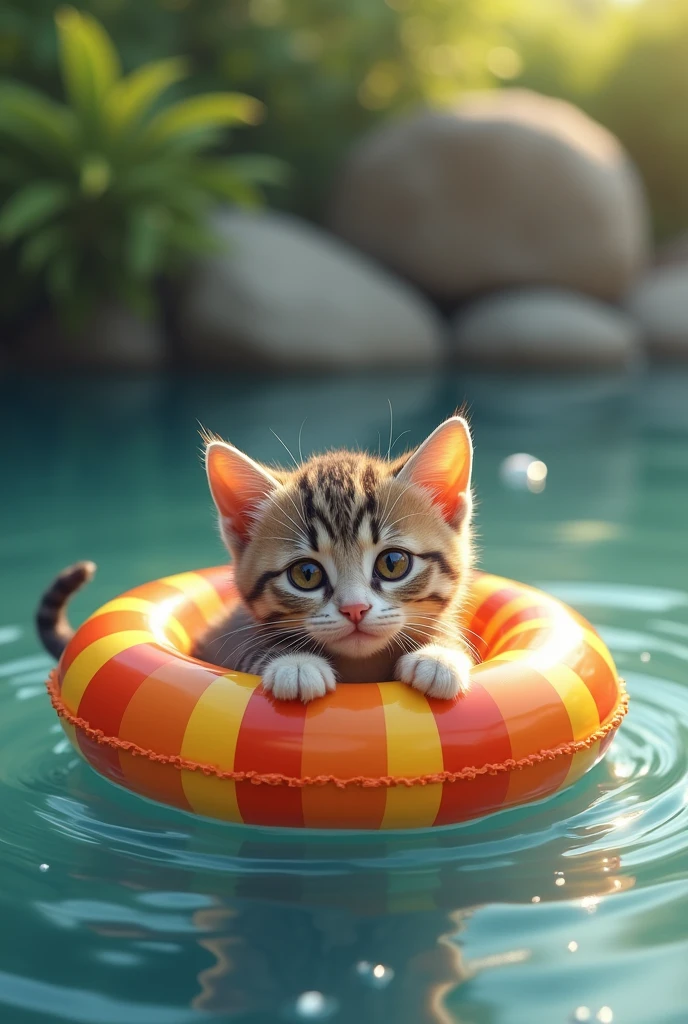PICTURE OF A CAT LEARNING TO SWIM USING A FLOAT
