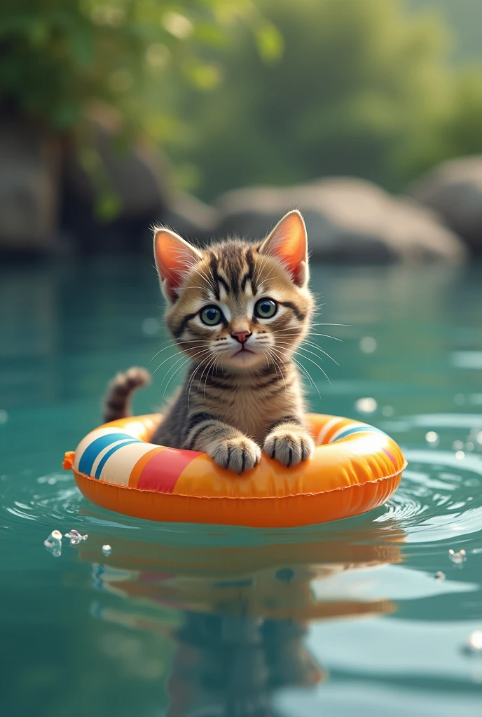 PICTURE OF A CAT LEARNING TO SWIM USING A FLOAT