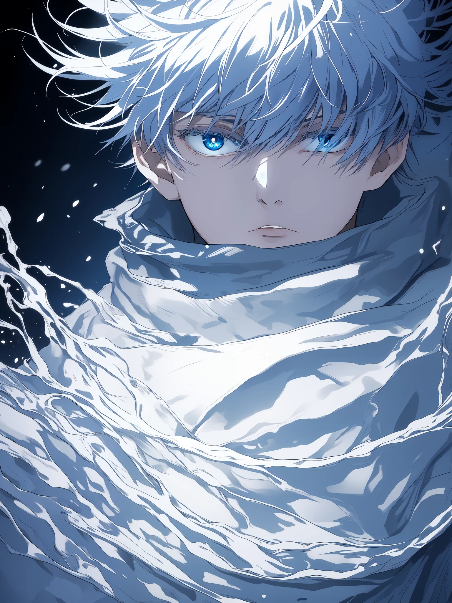 gojou satoru, 1boy, male focus, solo, full body, blue eyes, blindfold, white hair, night, one eye covered, parted lips, high collar, looking at viewer,