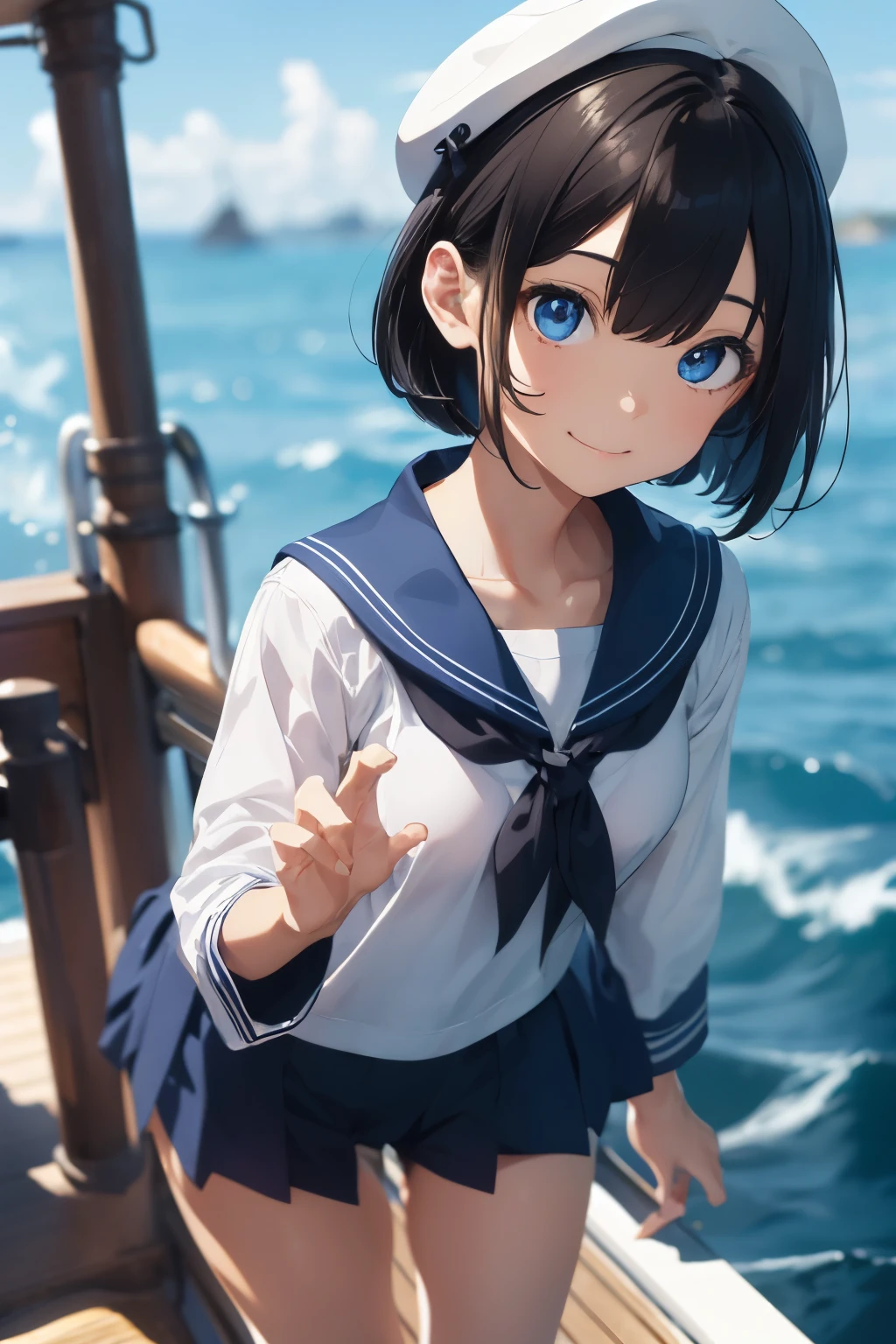 ((Top Quality)), ((Excellent)), (Detailed), ((Japanese)), Ultra-Realistic, Stunning Environment, Vivid Colors, , Black Hair, (Young Face), ((Bob Hair)), Shiny Hair, Small Breasts, ((White Sailor Suit)), ((Sailor's hat)),Sailor trousers, (Sailor), ((From Above)), ((Blue Eyes)), Half-Smiling, Upper Body, Shiny Hair, Blunt Bangs, ((Small Breasts)), ((Leaning Forward)), ((Blue Eyes)), Masterpiece, Ultra-Realistic, ((Close-Up)), On a Boat, Natural Light, Vivid Colors, Ocean,
