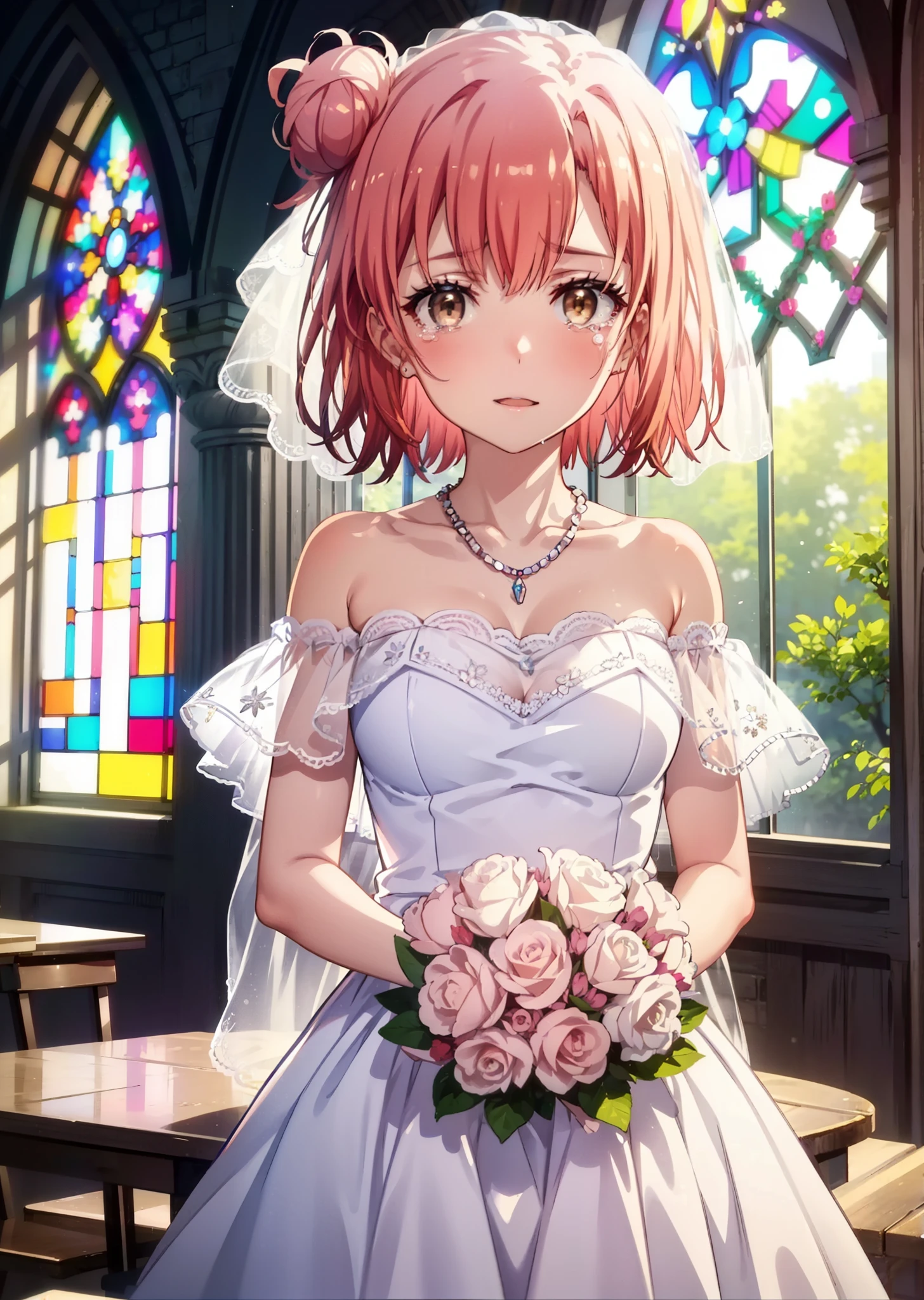 yuiyuigahama, yui yuigahama, Long Hair, (Brown eyes:1.5), (Pink Hair:1.2), Hair Bun, single Hair Bun, Tears stream down her face,Tears of joy,I cry a lot,Big Breasts,smile,blush,Open your mouth,off the shoulder red wedding dress,necklace,Expose your shoulders,bare clavicle,Bare neck,Red wedding long skirt,Veil,bouquet,Holding a bouquet in both hands,Stained glass,whole bodyがイラストに入る, break indoors, Chapel,Association,
break looking at viewer, whole body,(Cowboy Shot:1.5),
break (masterpiece:1.2), Highest quality, High resolution, unity 8k wallpaper, (shape:0.8), (Beautiful attention to detail:1.6), Highly detailed face, Perfect lighting, Highly detailed CG, (Perfect hands, Perfect Anatomy),