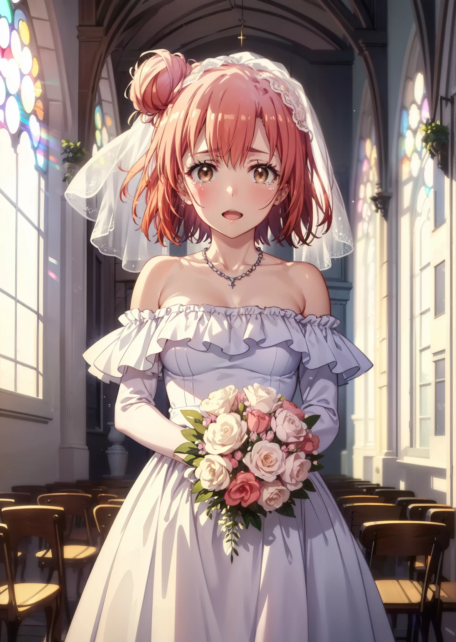 yuiyuigahama, yui yuigahama, Long Hair, (Brown eyes:1.5), (Pink Hair:1.2), Hair Bun, single Hair Bun, Tears stream down her face,Tears of joy,I cry a lot,Big Breasts,smile,blush,Open your mouth,off the shoulder red wedding dress,necklace,Expose your shoulders,bare clavicle,Bare neck,Red wedding long skirt,Veil,bouquet,Holding a bouquet in both hands,Stained glass,whole bodyがイラストに入る, break indoors, Chapel,Association,
break looking at viewer, whole body,(Cowboy Shot:1.5),
break (masterpiece:1.2), Highest quality, High resolution, unity 8k wallpaper, (shape:0.8), (Beautiful attention to detail:1.6), Highly detailed face, Perfect lighting, Highly detailed CG, (Perfect hands, Perfect Anatomy),