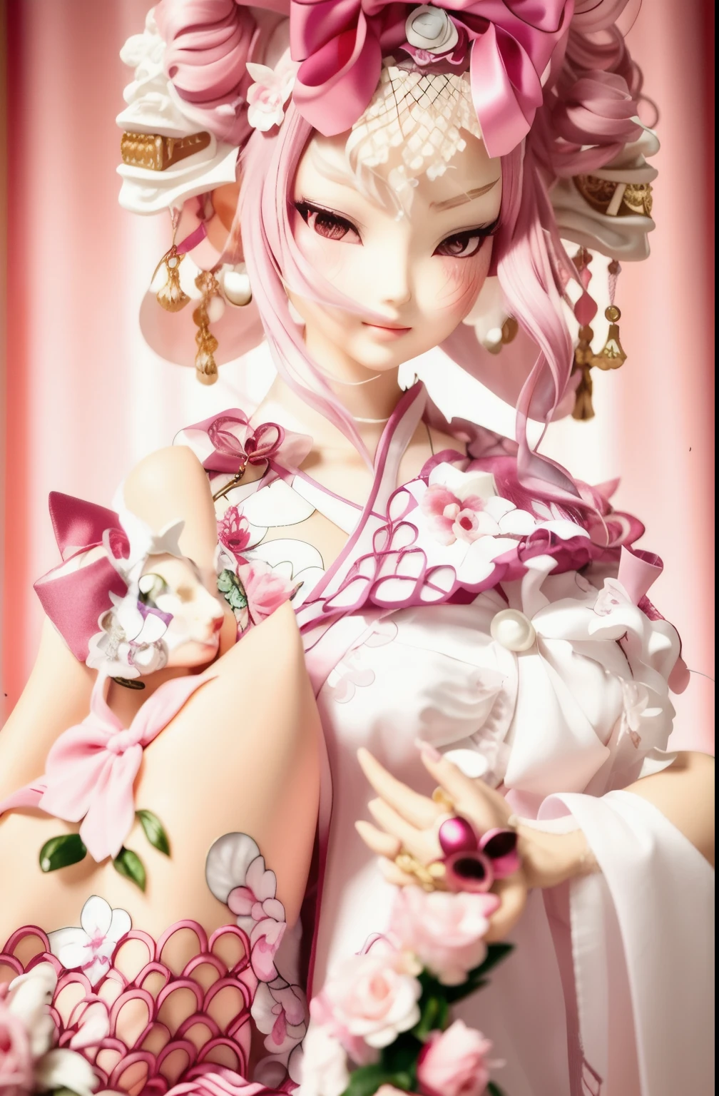 a close up of a statue of a woman with a demon head, onmyoji detailed art, intricate ornate anime cgi style, 8k
Pink hair, bangs hanging over the eyes. There are two moles on the cheeks. A curl in the shape of a heart. A white blouse with pink lace. A pink short skirt, fishnet tights. Pink shoes. There is a white bow on the back of the head. White hairpins in the shape of angel wings. On the head there is a small white top hat with a pink ribbon.