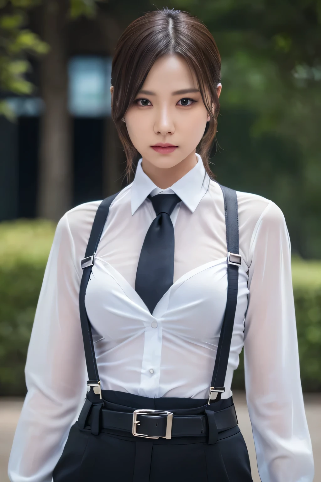 a woman in a suit, belt, hands behind back, sweating, suspenders, black pants, sexly, large breasts, see-through clothing, rain, detective, office worker, white button-up shirt, (best quality,4K,8k,highres,masterpiece:1.2),ultra-detailed,(realistic,photorealistic,photo-realistic:1.37),hyper-detailed,highly detailed face and body, Slender　thin　suspenders　Moderate breasts　See-through shirt　Nipples　holster　chain　Pistol　Armament　criminal　Female criminal　knife