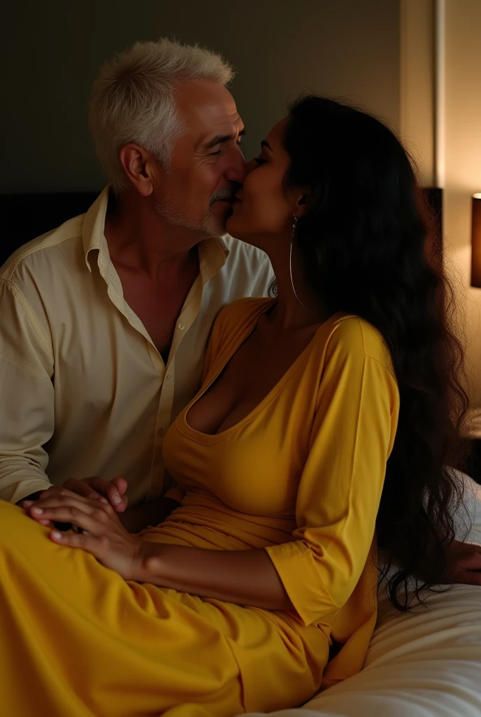 Photo of Brunette Indian Girl with dark skin, Wearing Tight Yellow Kurti and White stole around her neck, Large Breasts, U Cut cleavage exposed, Lying on Bed and Kissing a Old Man, Kissing Sensually, Dim light in the room.