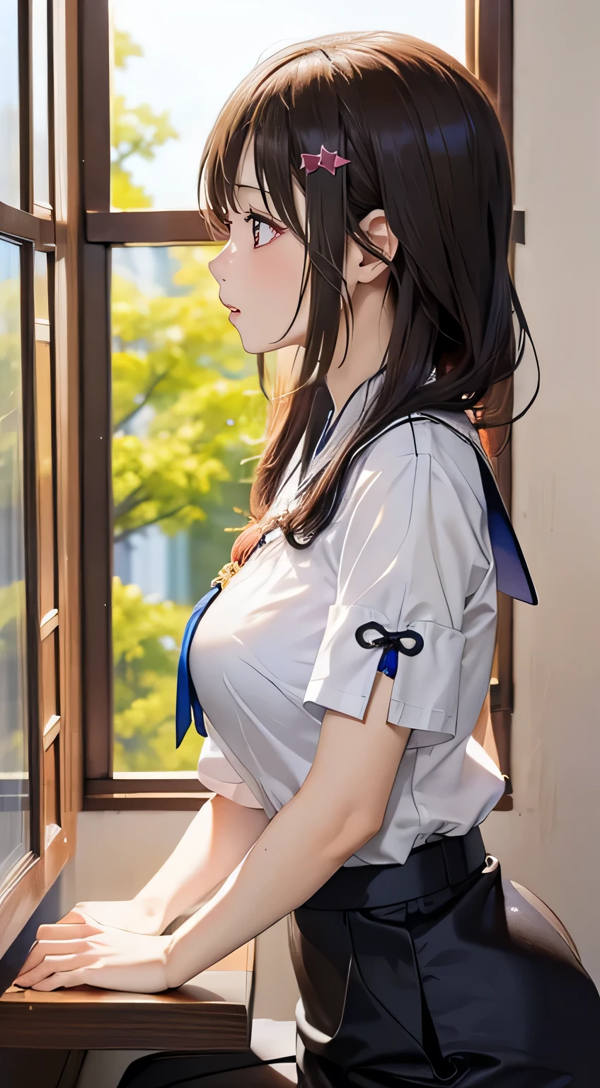 woman、one person、(Window)、((Looking out the window and crying)), Young woman with long black hair, (Ample breasts). ((Short sleeve))She is wearing a white blouse and a tight skirt.、((profile)).