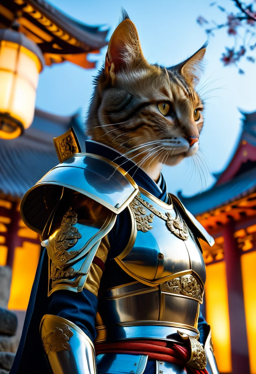 Anthropomorphic Cat in full samurai armour, photorealistic, standing in front of a temple, in the moonlight, view from below looking up