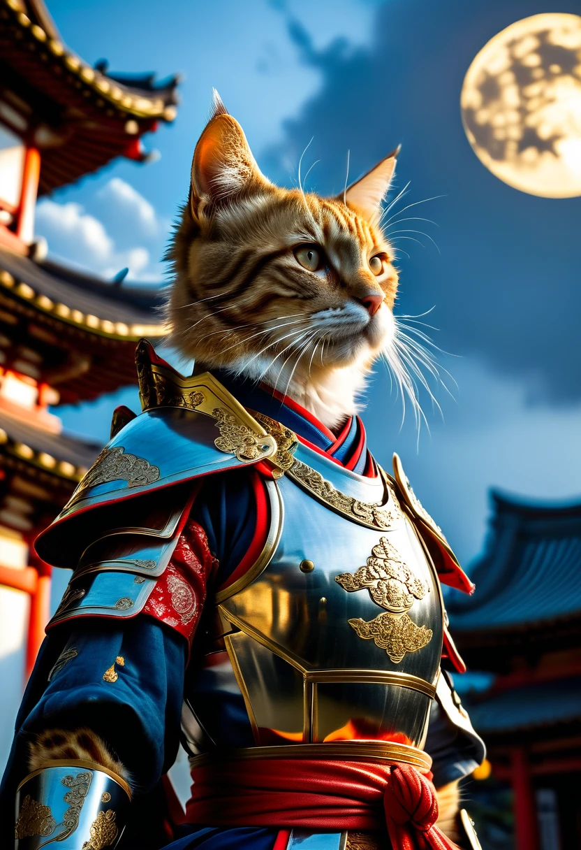Anthropomorphic Cat in full samurai armour, photorealistic, standing in front of a temple, in the moonlight, view from below looking up