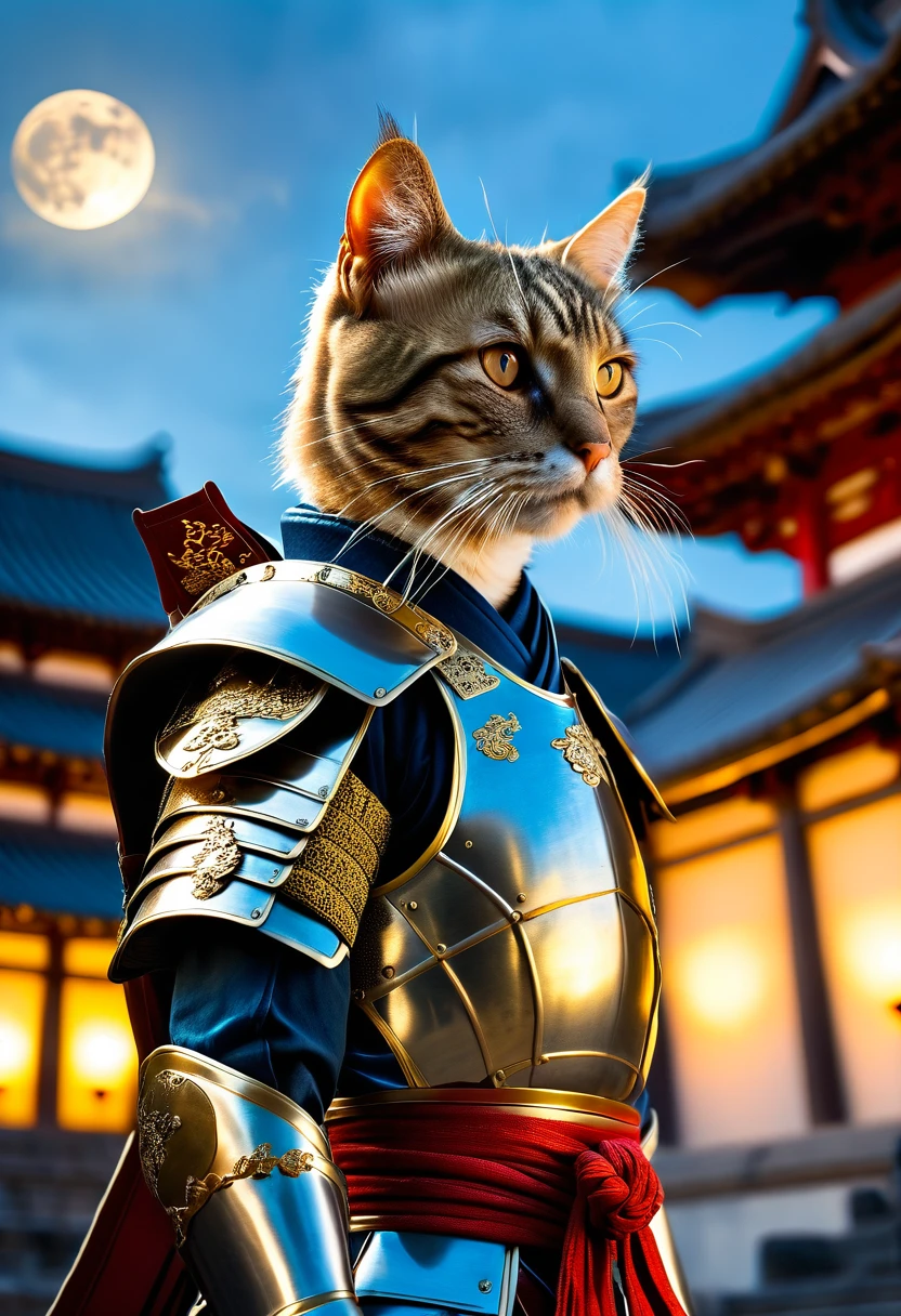 Anthropomorphic Cat in full samurai armour, photorealistic, standing in front of a temple, in the moonlight, view from below looking up