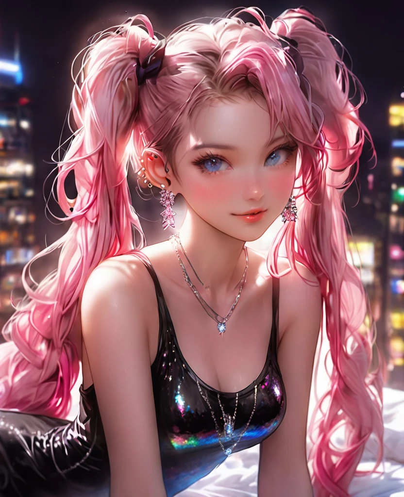 8K，an extremely delicate and beautiful,nsfw,nude,topless,pussy,full body Beautiful and realistic skin,Shiny jewel-like earrings,Bedhead,like glitter white and pink hair,beautiful blue eyes,black tanktop,short shots,asian cute girl,full body,Shining brightly night city