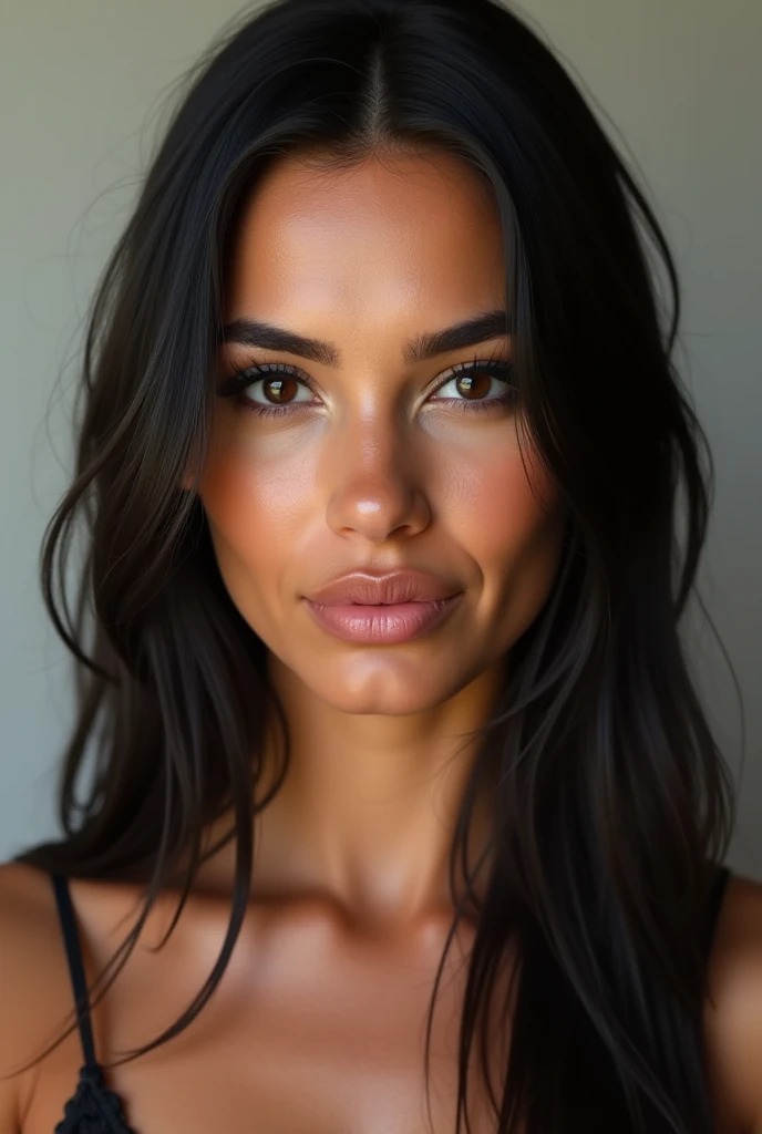 Ultra realistic portrait of a young tanned Algerian woman aged 19, 1.58 metres tall, with straight hair and lots of make-up, who looks naughty