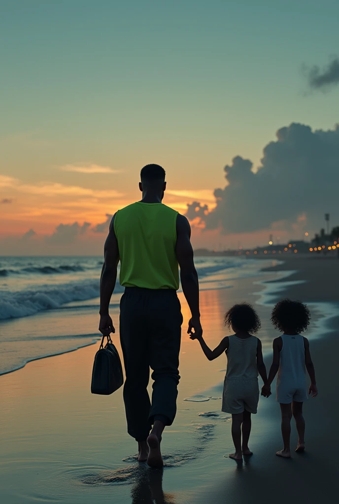 A 40-year-old dark-skinned man with an athletic build walking in the distance along the shore of a lonely beach at dusk. He is dressed in a black jumpsuit and a neon green sleeveless shirt and is carrying a small bag in his hands. . Further ahead, their children are waiting for them with their arms outstretched.. A 2 brunette girl with curly hair and a light-brown teenager with a thin build