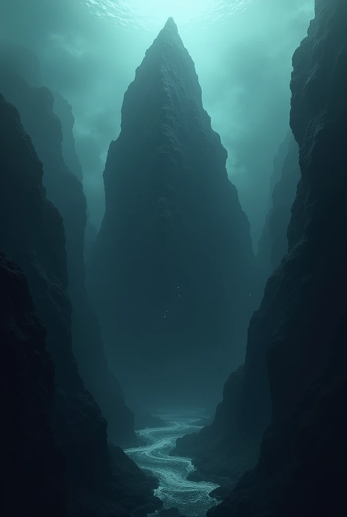 Create a picture of a top of a mountain in the trench under water the mountain itself is also under water