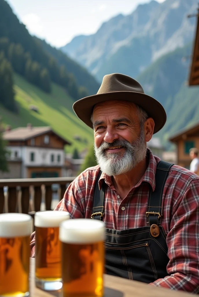 MAN IN TYROLEAN CLOTHING DRINKING BEERS IN POZUZO