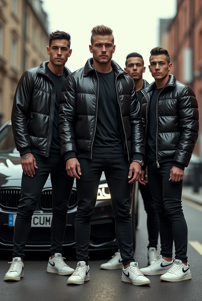 Full size, full body, group of hunks in skinny shiny black rubber shirt with chav haircut and black shiny puffer jacket, cuffed skinny pants, white Nike sneaker, standing beside bmw car
