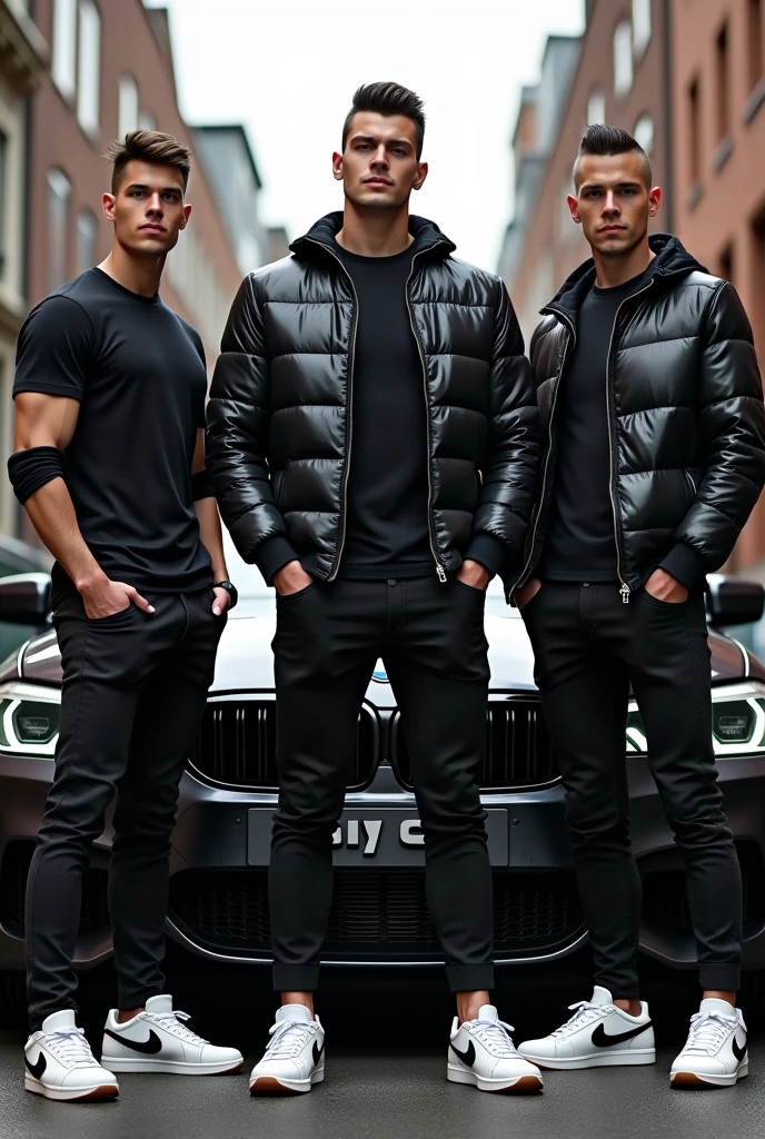 Full size, full body, group of hunks in skinny shiny black rubber shirt with chav haircut and black shiny puffer jacket, cuffed skinny pants, white Nike sneaker, standing beside bmw car