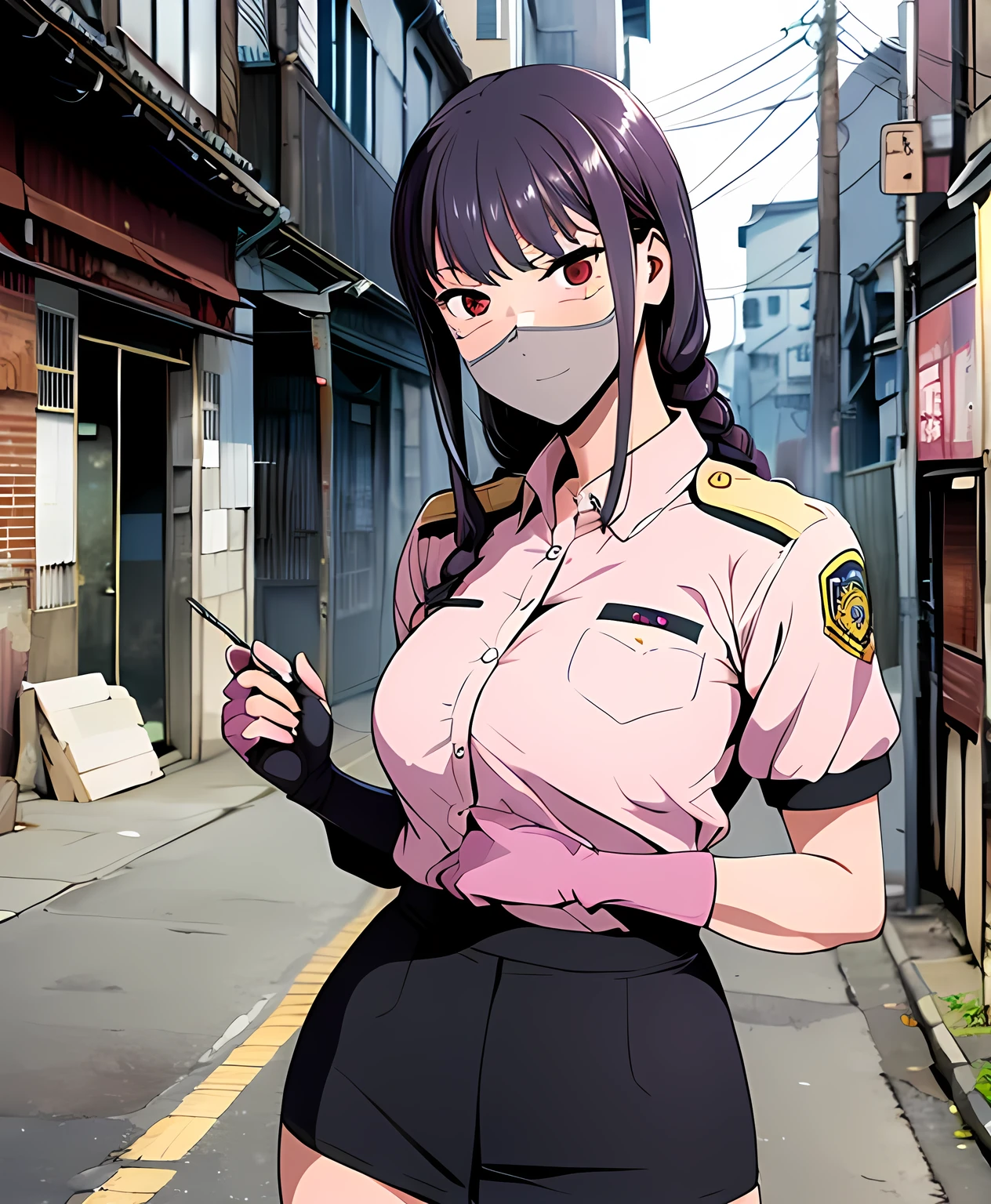 ((masterpiece, Highest quality)), (Extremely rich facial detail,  Realistic white skin, Realistic body, Intricate details), Special Effects Heroine　Pink themed uniforms　Police Wind　Fighting Pose　mini skirt　Japanese　Long black hair　anger　Back alleys of slums　Black fingerless gloves　Anime illustration, Realistic, Oil　Sharp eyes