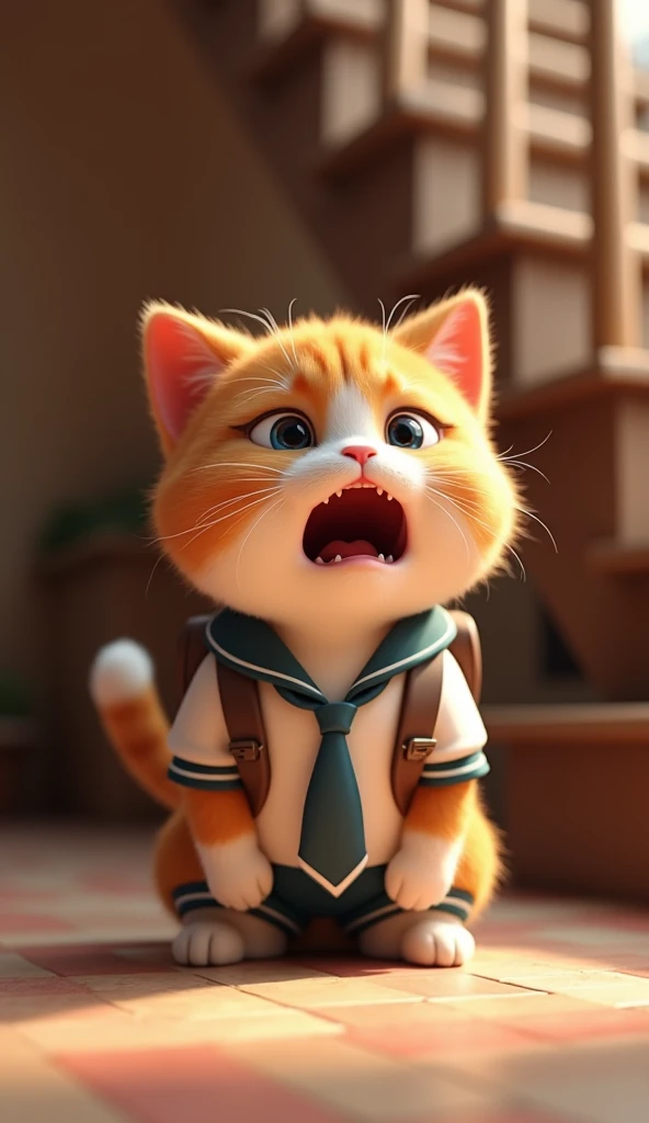 best quality, masterpiece, raw photo, 8k,uhd,cartoon,3d, TSLoP, behind a cute brown and white cat in disney style wear a school cried loudly under the stairs