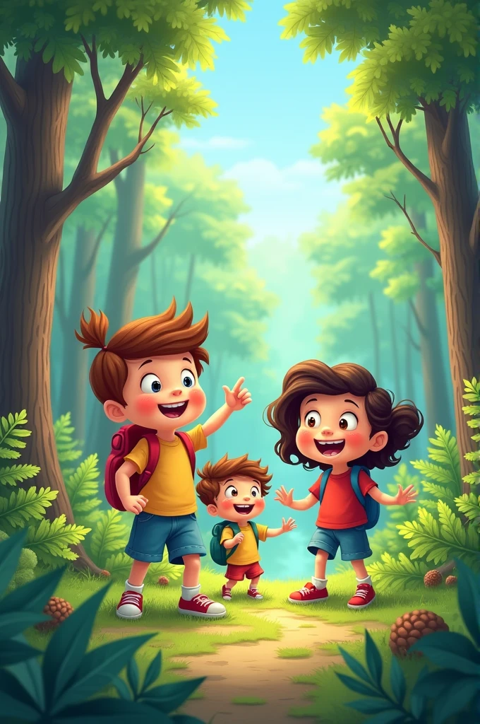 Happy kids exploring the quiet beautiful forest, pinecones and birds are there, 2D cartoon image