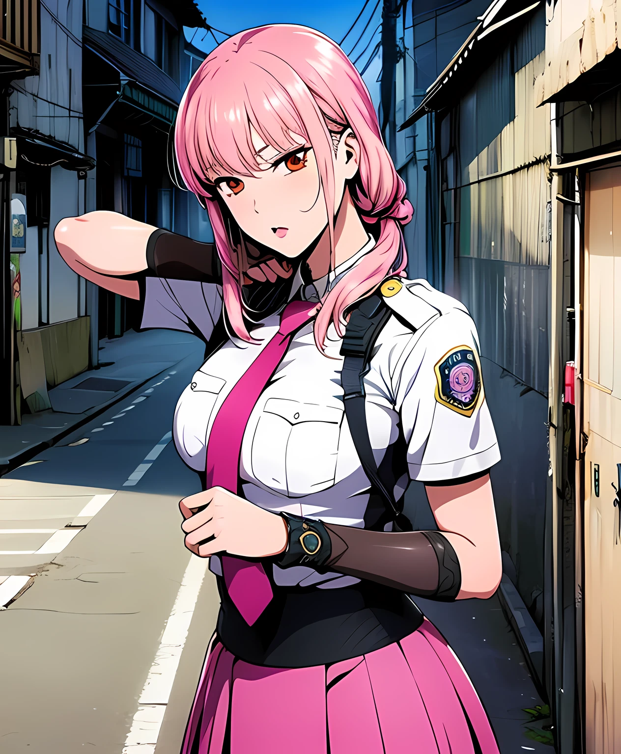 ((masterpiece, Highest quality)), (Extremely rich facial detail,  Realistic white skin, Realistic body, Intricate details), Special Effects Heroine　Pink themed uniforms　Police Wind　Fighting Pose　mini skirt　Japanese　Long black hair　anger　Back alleys of slums　Black fingerless gloves　Anime illustration, Realistic, Oil　Sharp eyes