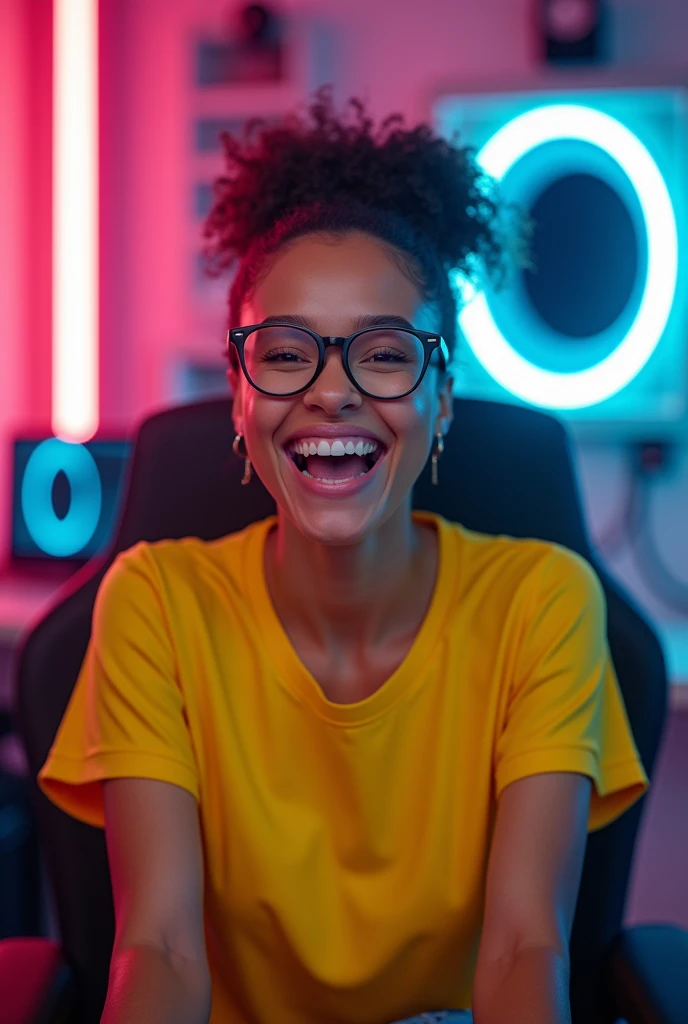 Close-up of a women with a yellow shirt and glasses,
beaming with excitement and exuberance, seated in his
YouTube studio, surrounded by high-tech equipment,
illuminated with neon lights, thumbnail design graphic,
futuristic colorful, Disney Style, ultra-realistic, cyberpunk