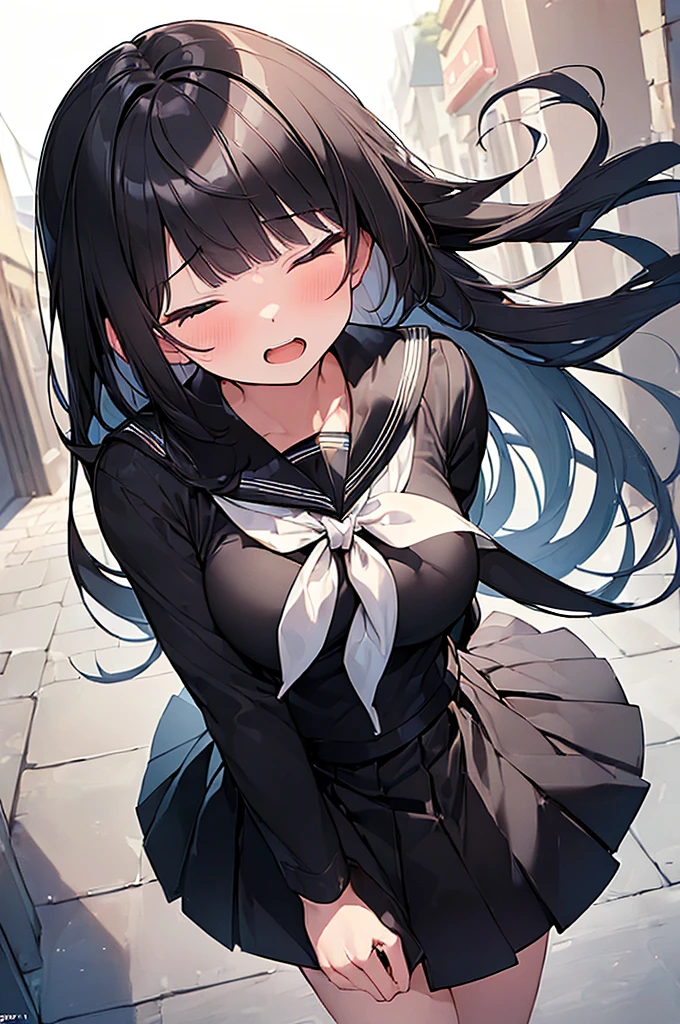 (Masterpiece, Top quality:1.5), nsfw, (dynamic angle:1.2), (1 beautiful girl, solo:1.2), closed eyes, (black sailor suit, black pleated skirt:1.2),  (black hair:1.3), long Hair, straight Hair, asymmetry bangs, swept bangs, shy:1.3, blush:1.4, beautiful scene of street, dynamic pose, open mouth