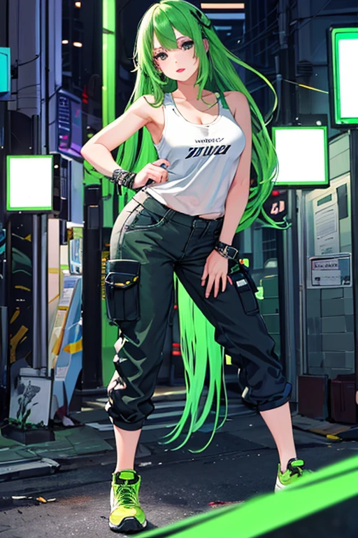 ((masterpiece)), (((best quality))), chromatic lighting,
colorized, green + white limited color palette, 
detailed concept drawing,
Shibuya street girl, cyberpunk, futuristic,
portrait, 20yo 1girl, medium soft breasts, slender, tanktop, combat-pants,, long green hair, black eyes,in a city,