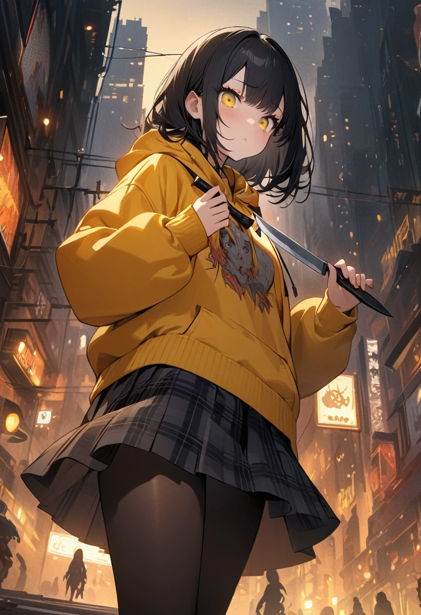 (BEST QUALITY), (MASTERPIECE), illustration, Extremely_detail, 4k wallpaper , midnight, 1 girl, tall girl, yellow hoodie, black plaid skirt, black tights, black Hair, long bob hair, yellow eyes, cute, beautiful, holding a knife, Background of the city, Zombies