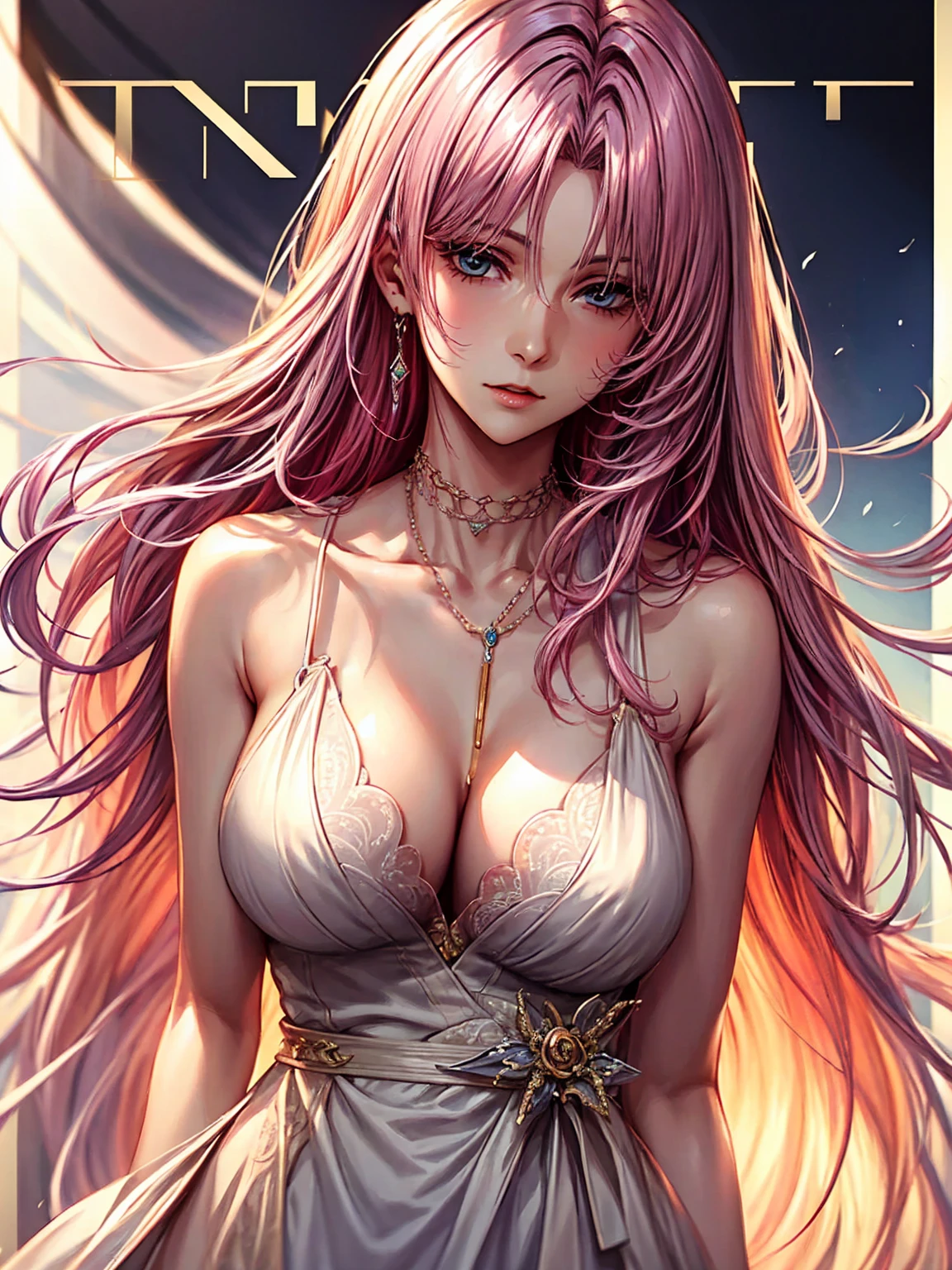 top-quality、tmasterpiece、Very high resolution、super high image quality、High-quality pixels)、perfect eyes, perfect face, perfect body figure,solo,8K, sizable breast,(Detailed description of hair), (Detailed description of face),(Detailed description of body), fair and clear skin, matchless beauty, long legged, pink hair details expressed, The details have been upgraded, light blue eyes, dynamic shooting angles, evening dress, fashion magazine cover, elegant, sophisticated expression