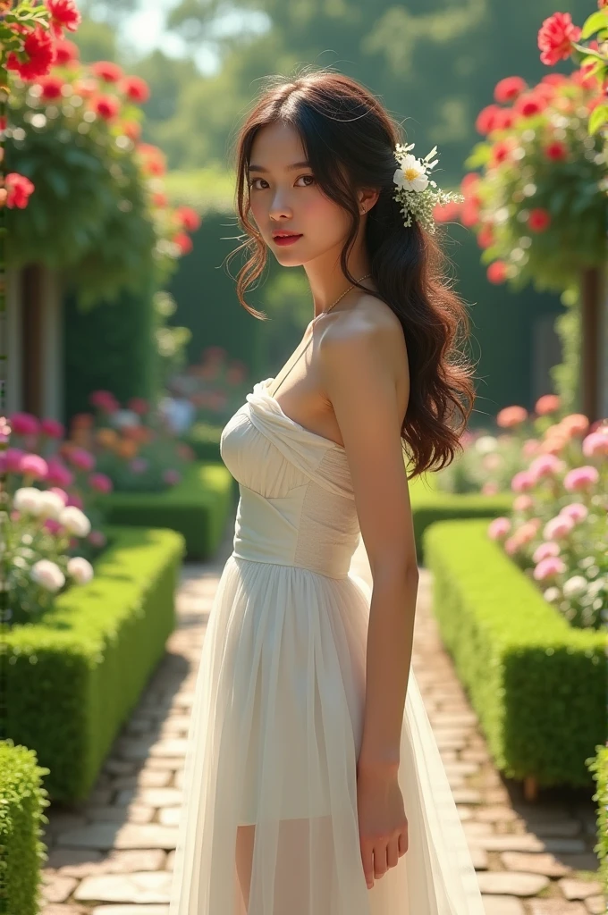A hot gril in white dress in garden