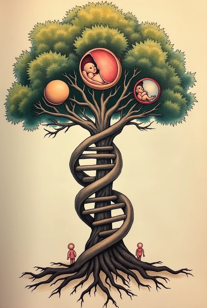 Detailed Tattoo Design Description:

- Roots: The roots of the tree should be represented as a double helix of DNA. At the ends of these roots, each tip should have the shape of sperm cells, symbolizing the sperm's journey to fertilization.
  
- Trunk:
  - At the base of the trunk, there should be an egg in metaphase 2.
  - Just above it, depict the fertilized egg.
  - Further up the trunk, represent embryonic cleavage on Day 2, showing 4 cells.
  - Above that, depict cleavage on Day 3 with 8 cells.
  - Further up, represent a Morula.
  - At the top of the trunk, there should be a Blastocyst.

- Foliage: The leaves of the tree should represent a placenta, with a developing  inside, symbolizing the growth of life.

- Overall Style: The tattoo should have a biological and naturalistic style, with details that show the process of life development from conception to the fetal stage, all integrated into the tree’s structure.