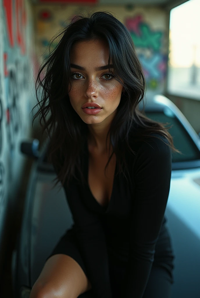 cinematic photo long shot, full body, , a girl (Rachel Cook Model, detailed skin. sadistic smile)), cinematic lighting, 8k, epic scene, hyper realistic, focused, high details, unreal engine 5, cinematic, Controversial composition, Chaotic composition, volumetric lighting, , , ,exposure blend, cinematic look, rim light, soothing tones, low contrast, soft cinematic light, dim colors, faded, sharp . Neo-expressionist, graffiti, , vibrant, ", . 35mm photograph, film, professional, 4k, highly detailed, 35mm photograph, film, bokeh, professional, 4k, highly detailed , perfect eye, ,full body, beautiful lady, topless body, big breast, She has dark chocolate eyes. she has very accentuated natural eyelashes. Her face is natural. She is ultra real. She should have a lot of freckles on her face. She is natural. She is photo shooting. She is a model and are posing. She has slim and fit body. she is riding a car . Best quality! She is ai influencer on instagram. her body is fat fit. she has a fit fat body,