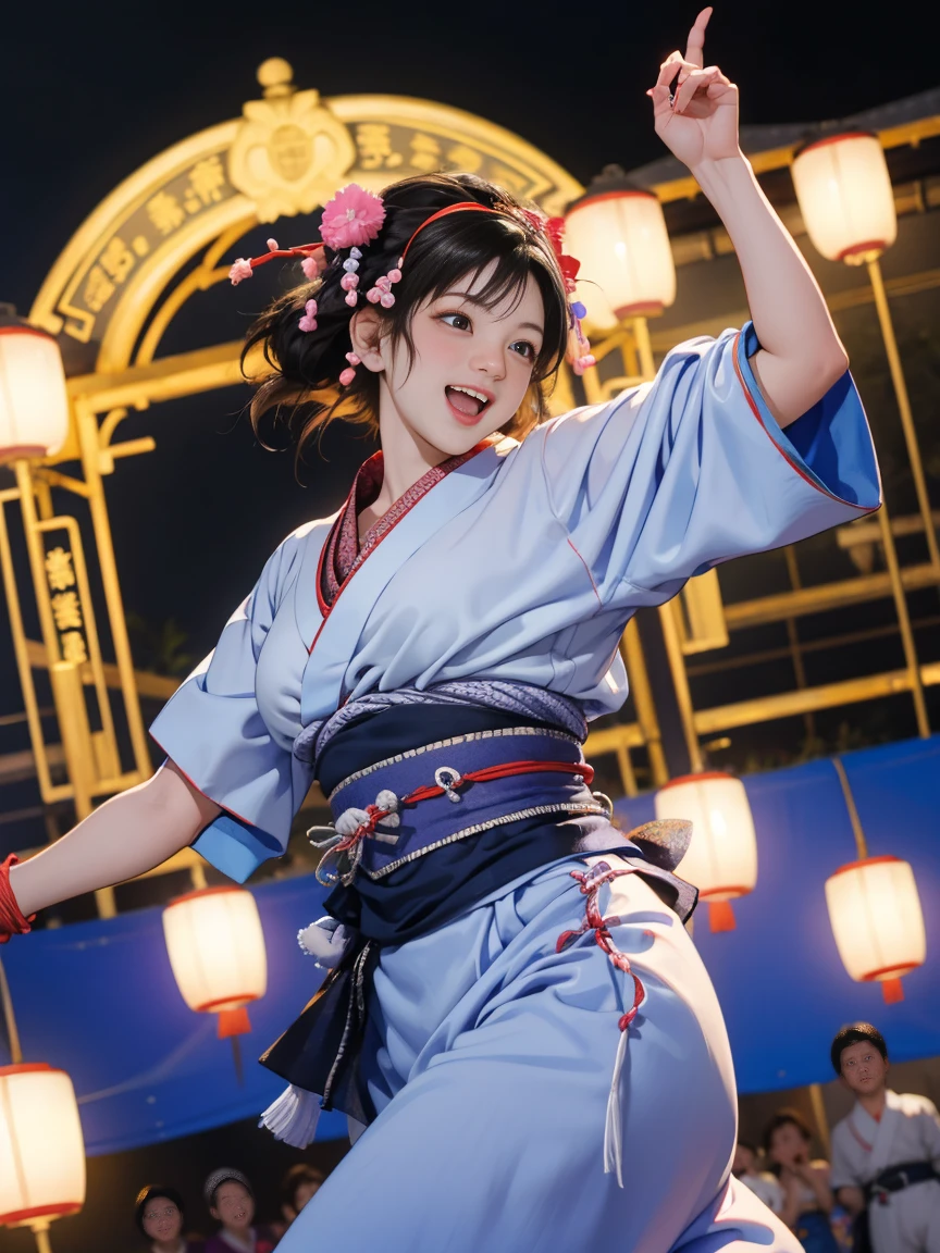 (Japan Bon Odori,最高masterpiece,Highest quality), Hot August,Brown and black bob hair,In the park square,(They dance in a circle around a stage decorated with lanterns.),Bright vibrant anime art,People of all ages and genders dance and dance, Dancing in yukata,Laughing and dancing, Showing white teeth,Men and women dance in a circle, masterpiece,Highest quality,High resolution,