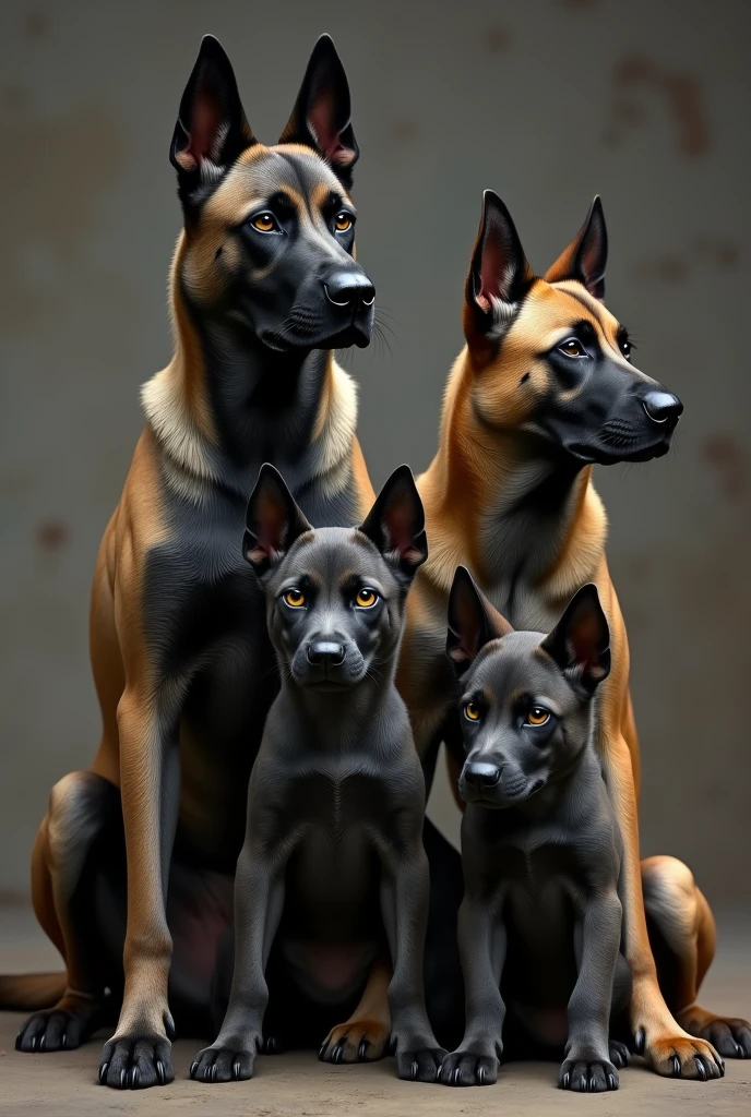 father gray Belgian malinois and pawn sable mother Belgian malinois with black foot and 2 dark gray big angry puppy