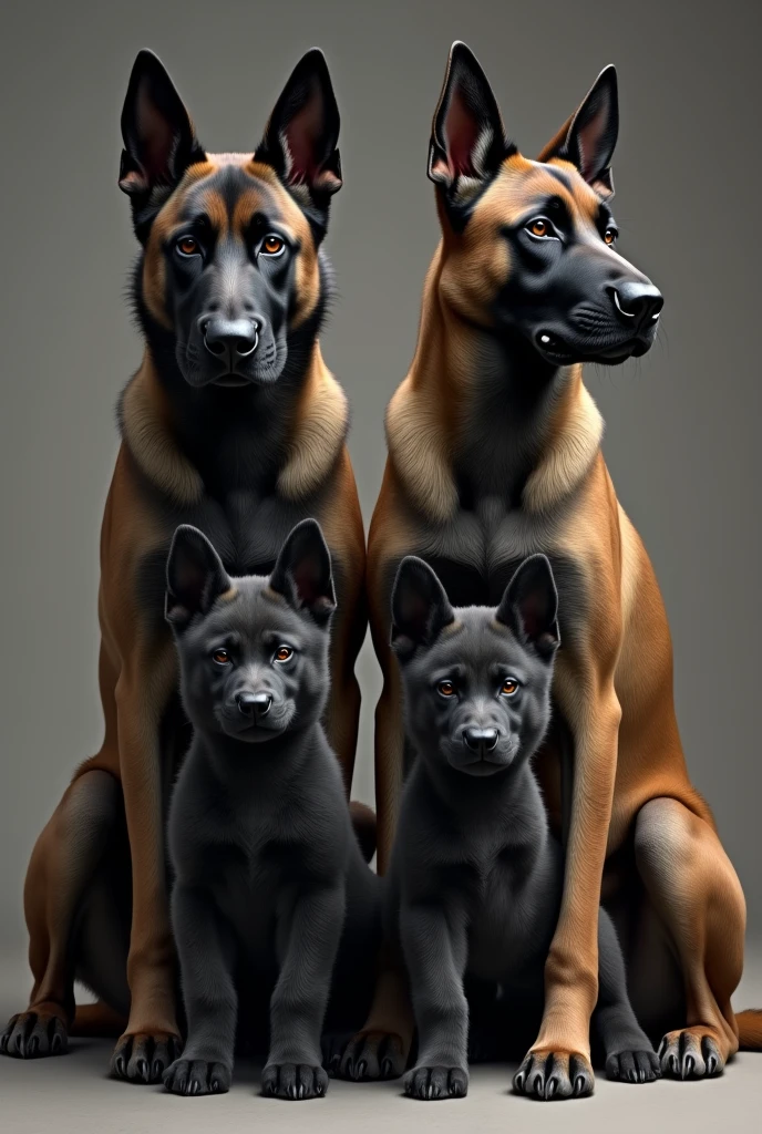 father gray Belgian malinois and pawn sable mother Belgian malinois with black foot and 2 dark gray big angry puppy