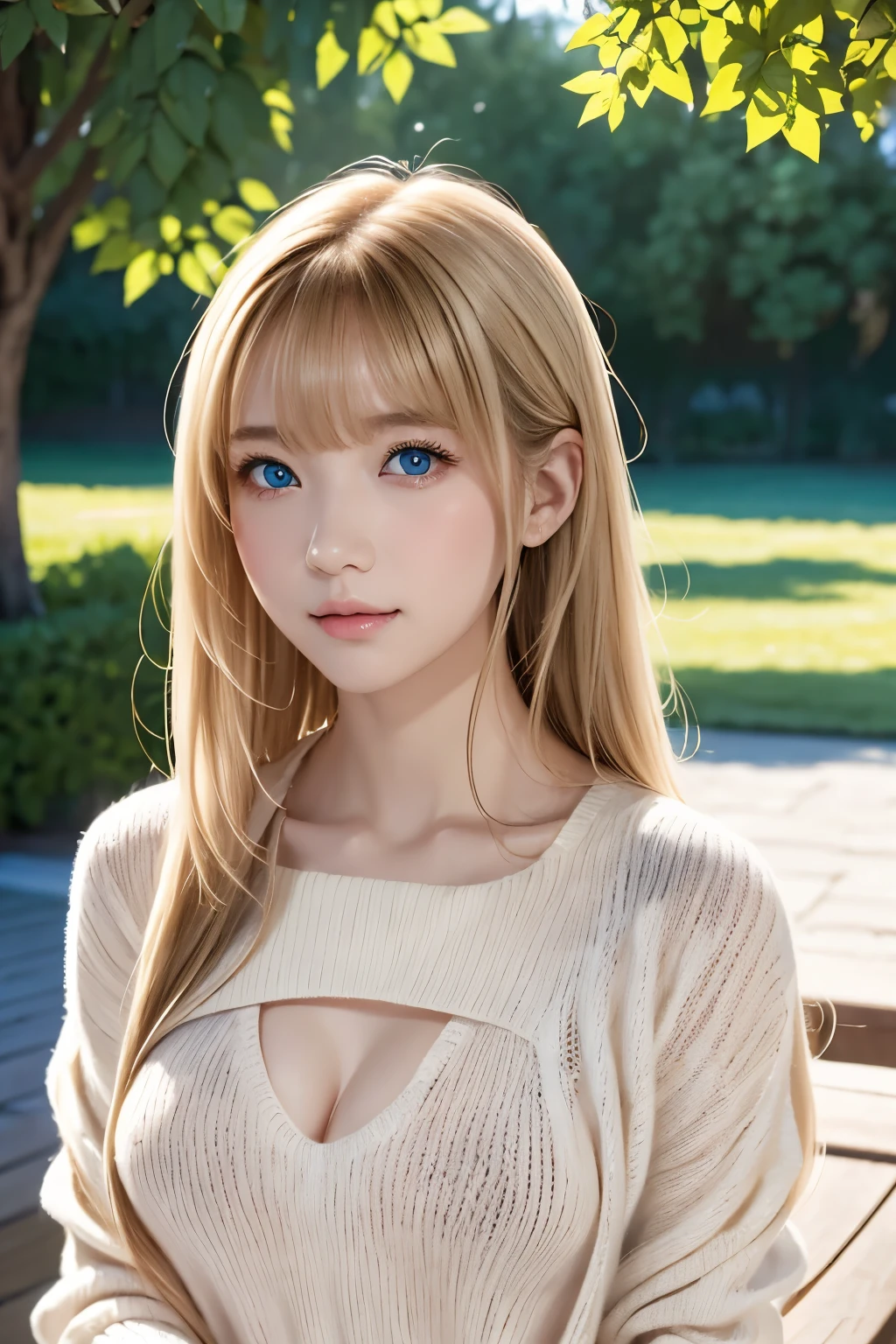 1 person、((Virgin Killer Sweater))、blue sky、明るくてとてもbeautiful顔、young, Glowing White Skin、Best Looks、Blonde hair that reflects the light brilliantly、光沢のあるbeautifulブロンドの髪を持つ、Very long silky straight hair、Long Bangs、非常にbeautiful、big, clear, Bright Blue Eyes、beautiful、Adorable、beautiful