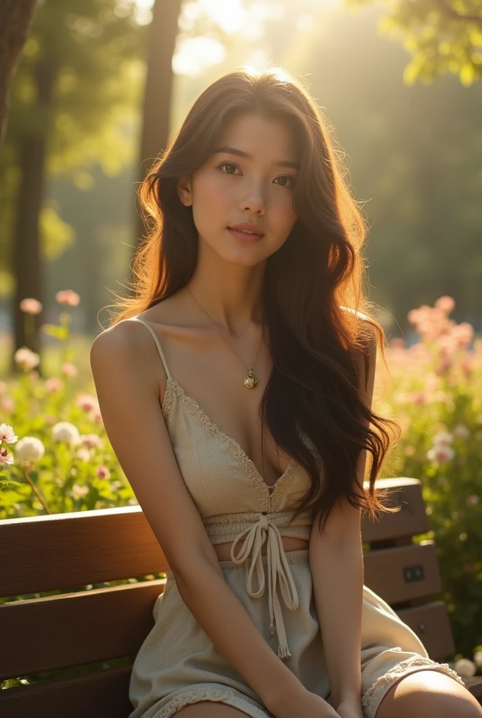 An ultra-realistic photograph captured with a Sony α7 III camera, equipped with an 85mm lens at F 1.2 aperture setting, portraying a young woman sitting on a wooden bench in a sunlit park. The background is beautifully blurred, highlighting the subject. The park is adorned with lush greenery and blooming flowers, creating a serene atmosphere. Soft sunlight gracefully illuminates the subject’s face and hair, casting a dreamlike glow. The image, shot in high resolution and a 16:9 aspect ratio, captures the subject’s natural beauty and personality with stunning realism –ar 16:9 –v 5.2 –style raw
