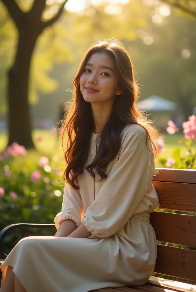 An ultra-realistic photograph captured with a Sony α7 III camera, equipped with an 85mm lens at F 1.2 aperture setting, portraying a young woman sitting on a wooden bench in a sunlit park. The background is beautifully blurred, highlighting the subject. The park is adorned with lush greenery and blooming flowers, creating a serene atmosphere. Soft sunlight gracefully illuminates the subject’s face and hair, casting a dreamlike glow. The image, shot in high resolution and a 16:9 aspect ratio, captures the subject’s natural beauty and personality with stunning realism –ar 16:9 –v 5.2 –style raw