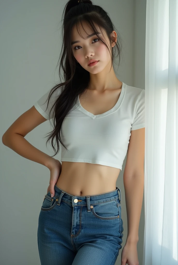 live-action、Very beautiful Japanese、Small T-shirt、belly button、Tight jeans、ponytail、Model-like body、Blonde、Gal Makeup