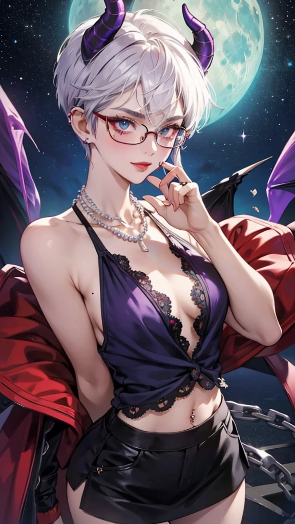 8k, masterpiece, best quality, highly detailed, 1 girl, tiefling, warlock, pixie cut, multicolored hair, very short straight hair red highlight hair on white hair, strippled hair, wearing glasses, round glasses, earrings, navel piercing, red eyeshadow, long eyelashes, blushed cheek, red lips, pearl necklace, rings, collarbone, mole on face, glamorous, teal and purple clothes, sleeveless, miniskirt, smirk, close up view, rings, looking at viewer, demon horns, solo, starry sky, pale blue moon, standing, boxing stance, demonic arms, chains on the background, black lace gloves.