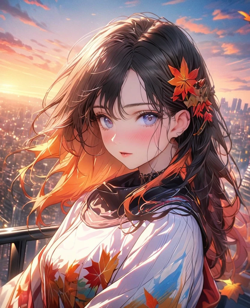 8k,Ephemeral beauty，Lonely、Very delicate and beautiful,Beautiful and realistic skin,,Black Hair、Long and colorful hair,Beautiful Eyes,good,Beautiful sunset、カジュアルなautumn服、autumn、city、
