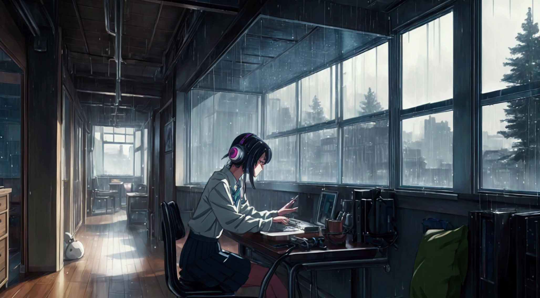 A magical scene, a young woman wearing headphones at a study table, raindrops run down the windows, captured by Mokoto Shinkai, Soft color palette that enhances the atmosphere, lofi musician adding a unique sonic layer, atmosphere of serenity and conviviality (best qualityer), (8k resolution), (ultra-highres)
