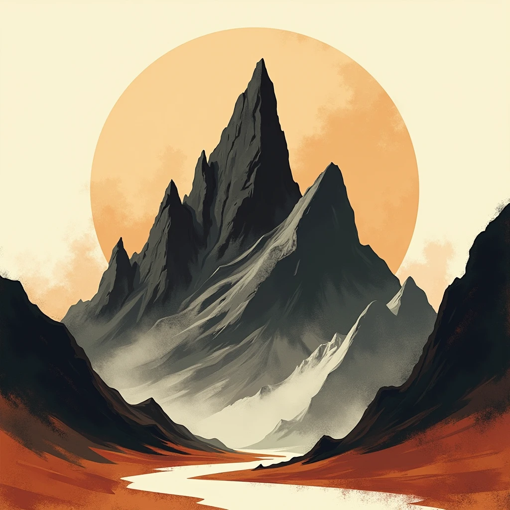 Design an abstract representation of rugged mountain terrain using bold, earthy tones.