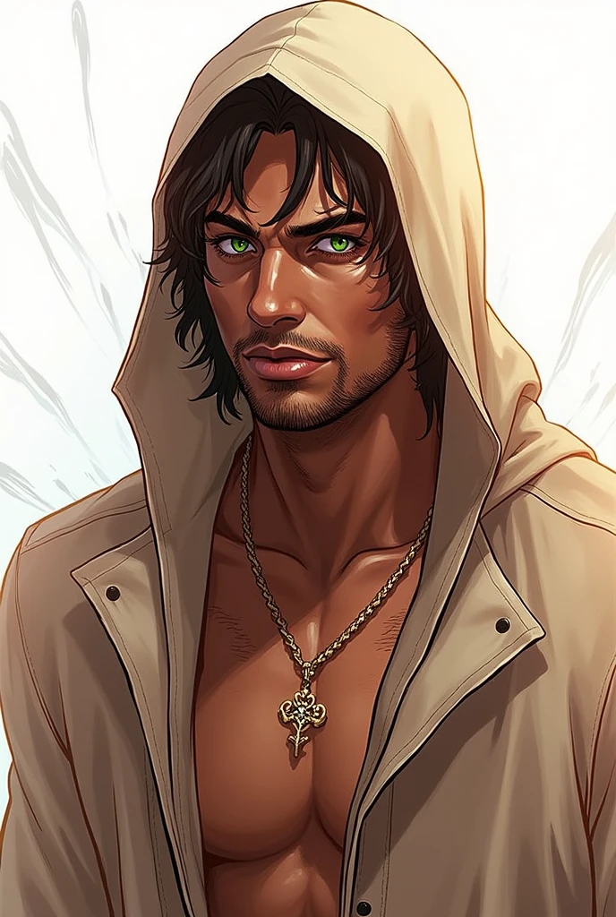 Male character. Dark skin. Green eyes.
