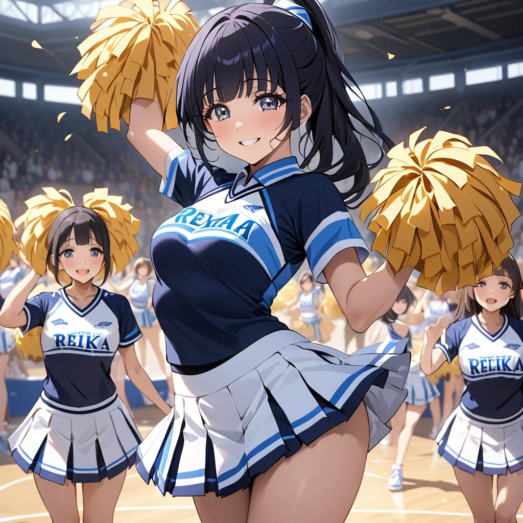 ((Highest quality)), ((masterpiece)), (detailed), （Perfect Face）、The woman is Reika Aoki with semi-long hair、The woman is wearing a sexy and attractive cheerleading costume and dancing the cheerleading with a smile.