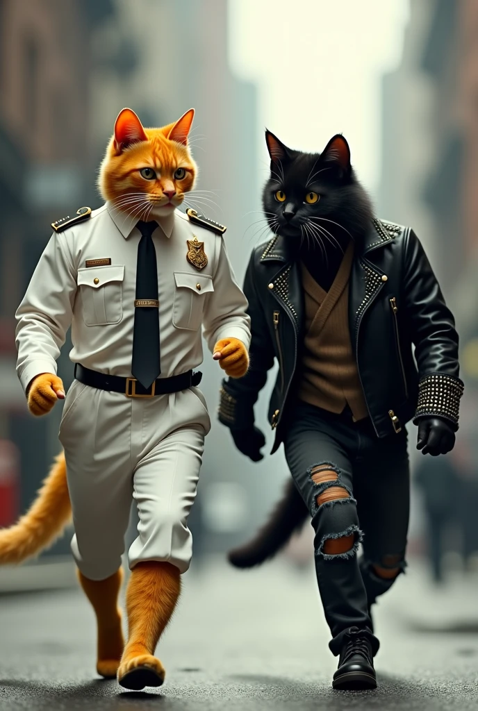 A yellow tall  and gray  stylish and decent and confident cat dressed in white police uniform chasing a  tall horrified black cat dressed in black jacket with studs and black tattered jeans  in street
