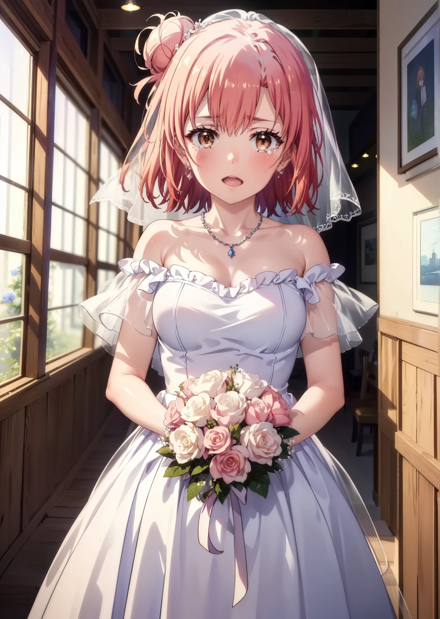 yuiyuigahama, yui yuigahama, Long Hair, (Brown eyes:1.5), (Pink Hair:1.2), Hair Bun, single Hair Bun, Tears stream down her face,Tears of joy,I cry a lot,Big Breasts,smile,blush,Open your mouth,Off-the-shoulder pink wedding dress,necklace,Expose your shoulders,bare clavicle,Bare neck,Pink wedding long skirt,Veil,bouquet,Holding a bouquet in both hands,Stained glass,whole bodyがイラストに入る,　　　　　　　　　　　break indoors, Chapel,Association,
break looking at viewer, whole body,(Cowboy Shot:1.5),
break (masterpiece:1.2), Highest quality, High resolution, unity 8k wallpaper, (shape:0.8), (Beautiful attention to detail:1.6), Highly detailed face, Perfect lighting, Highly detailed CG, (Perfect hands, Perfect Anatomy),