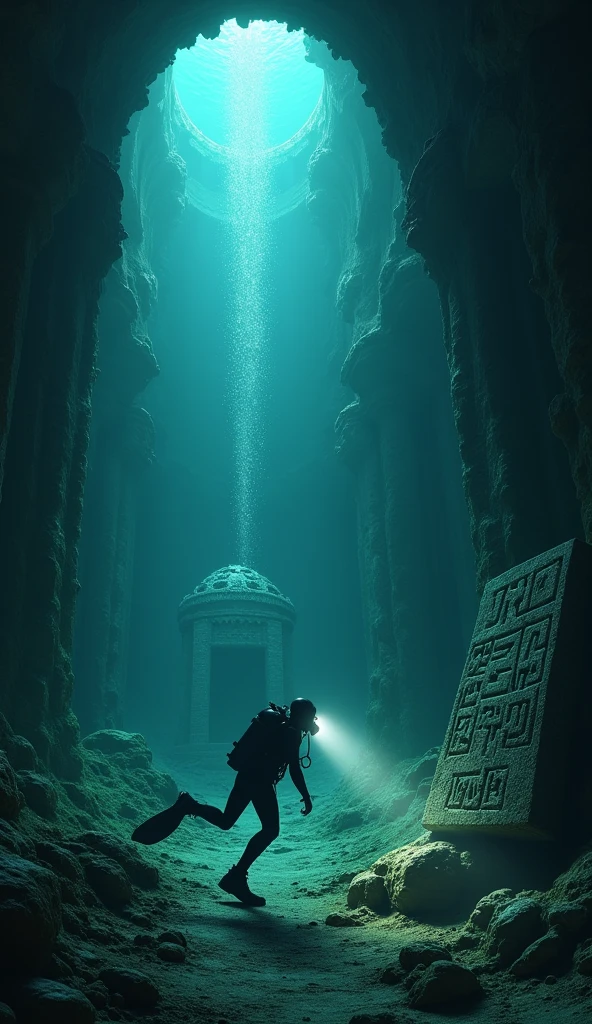 un plongeur découvre un artefact ancien"** : Un plongeur explore les ruines sous-marines de l'Atlantide et découvre un artefact ancien, peut-être une tablette gravée ou une statue lumineuse, qui pourrait révéler les secrets de la cité perdue. La lumière de sa lampe éclaire l'objet, créant un contraste avec l'obscurité environnante.