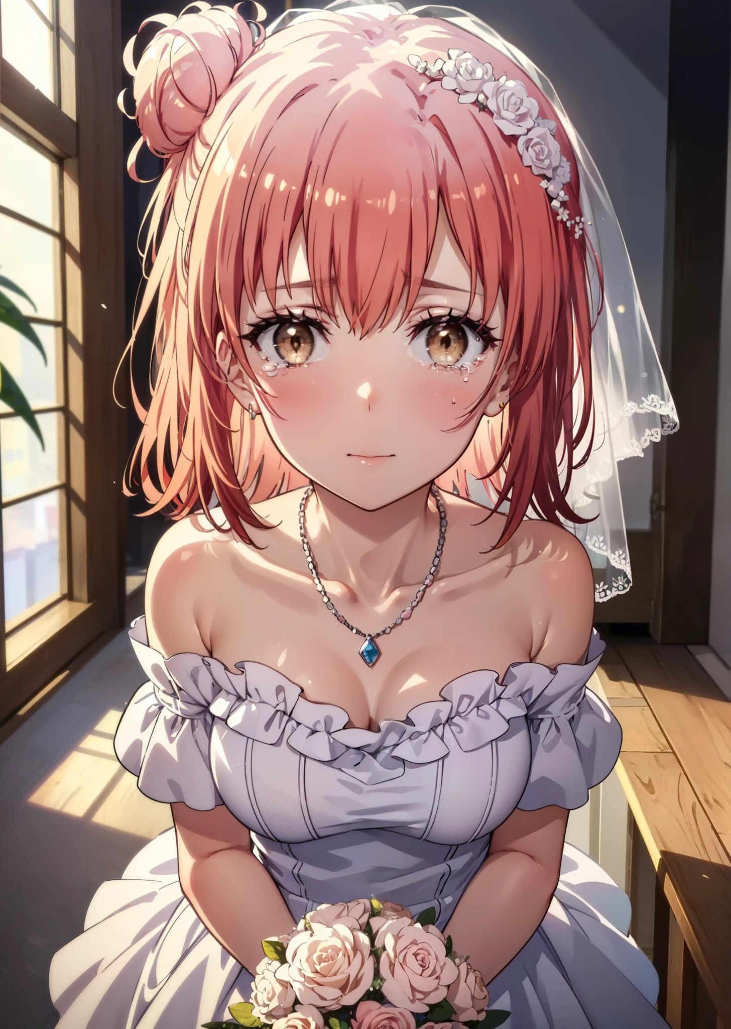 yuiyuigahama, yui yuigahama, Long Hair, (Brown eyes:1.5), (Pink Hair:1.2), Hair Bun, single Hair Bun, Tears stream down her face,Tears of joy,I cry a lot,Big Breasts,smile,blush,Open your mouth,Off-the-shoulder pink wedding dress,necklace,Expose your shoulders,bare clavicle,Bare neck,Pink wedding long skirt,Veil,bouquet,Holding a bouquet in both hands,Stained glass,whole bodyがイラストに入る,　　　　　　　　　　　break indoors, Chapel,Association,
break looking at viewer, whole body,(Cowboy Shot:1.5),
break (masterpiece:1.2), Highest quality, High resolution, unity 8k wallpaper, (shape:0.8), (Beautiful attention to detail:1.6), Highly detailed face, Perfect lighting, Highly detailed CG, (Perfect hands, Perfect Anatomy),