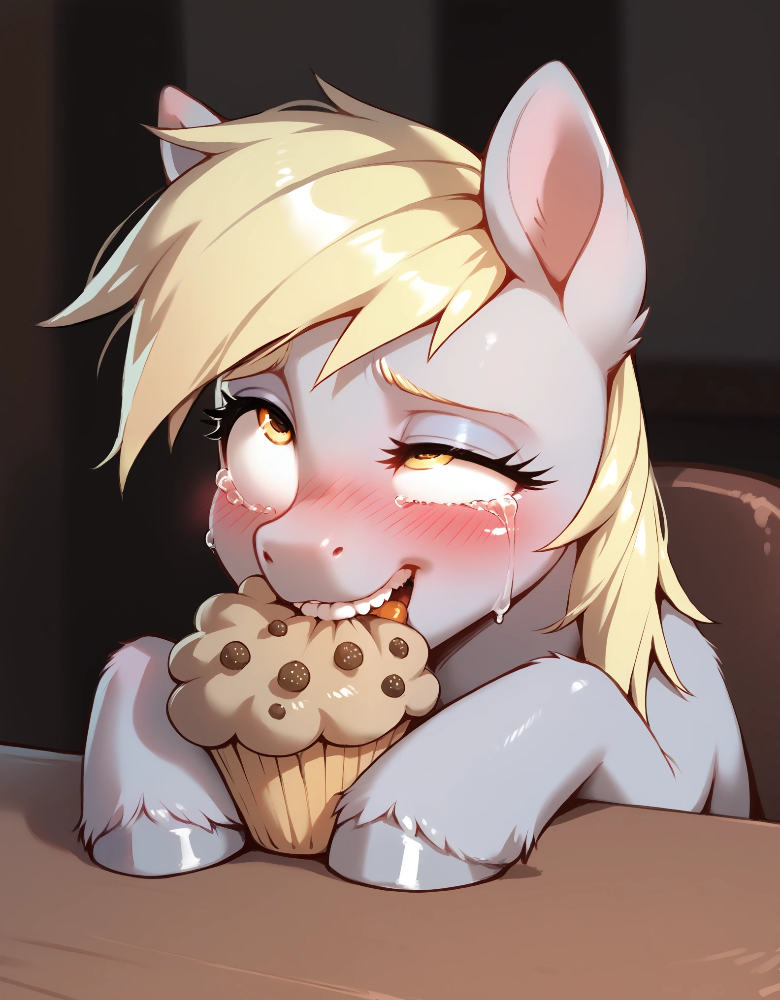 rating_explicit, score_9, score_8_up, score_7_up, pony, feral, Derpy Hooves, cross-eyed, uneven eyes , embarrassed expression, biting her lower lip, eating muffin, trying to hold it in, muffin on the table, blush, rolling eyes, tears, indoors, detailed, realistic, BREAK, full body